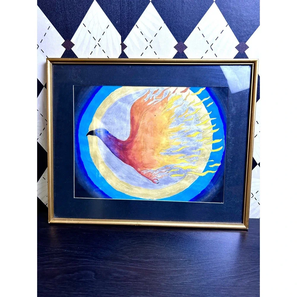 Original Framed Phoenix Bird Painting Celestial Outsider‎ Folk Art 15